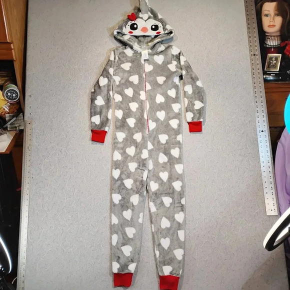 JelliFish Kids Gray Plush Turkey Hooded Onesie with White  Hearts in Size M 7-8 - Picture 3 of 12